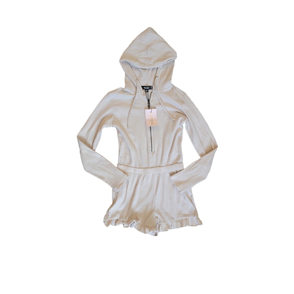 NWT Missguided Ribbed Zip Up Hoodie Frill Short Playsuit Romper in Stone Size 6