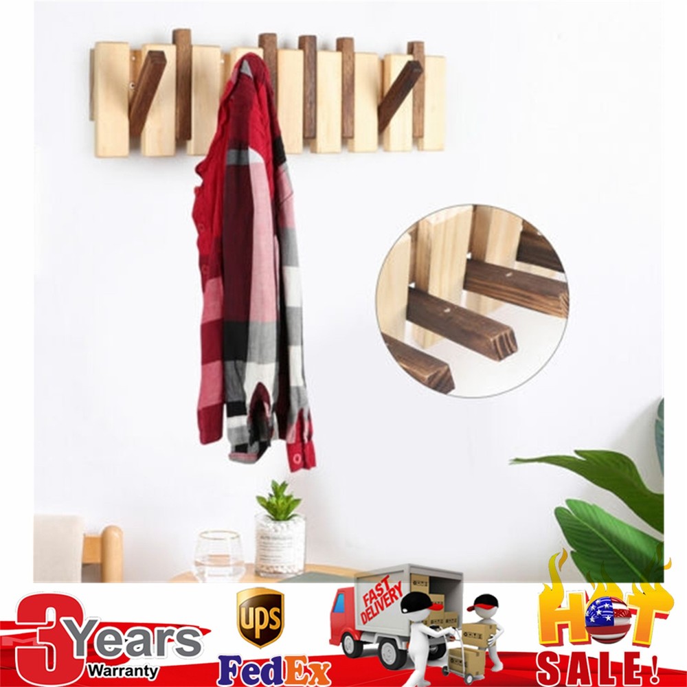 Wall Mounted Wood Coat Rack with Flip Down Hooks for Clothes Storage