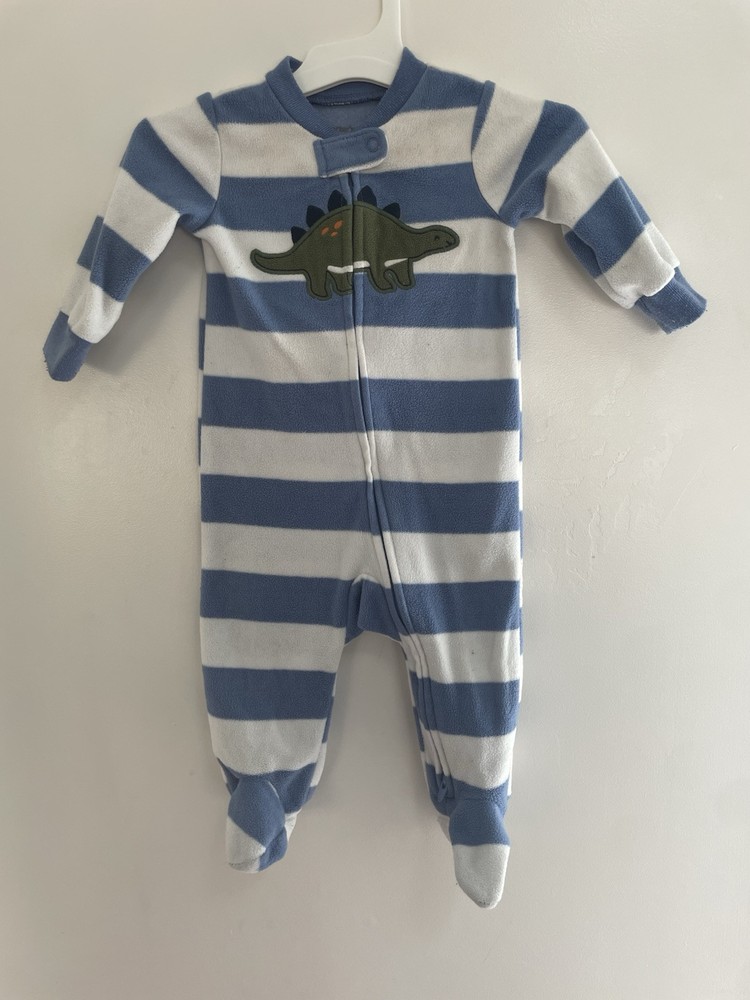 Carters Baby Boy Stegosaurus Dinosaur Striped Fleece Zip-Up Sleep & Play Blue 6M