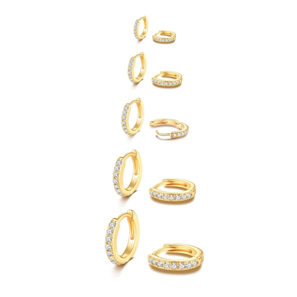 Dainty Tiny 14K Gold Huggie Hoop Earrings 5 Pairs Mini Cubic Zirconia Hoops E...