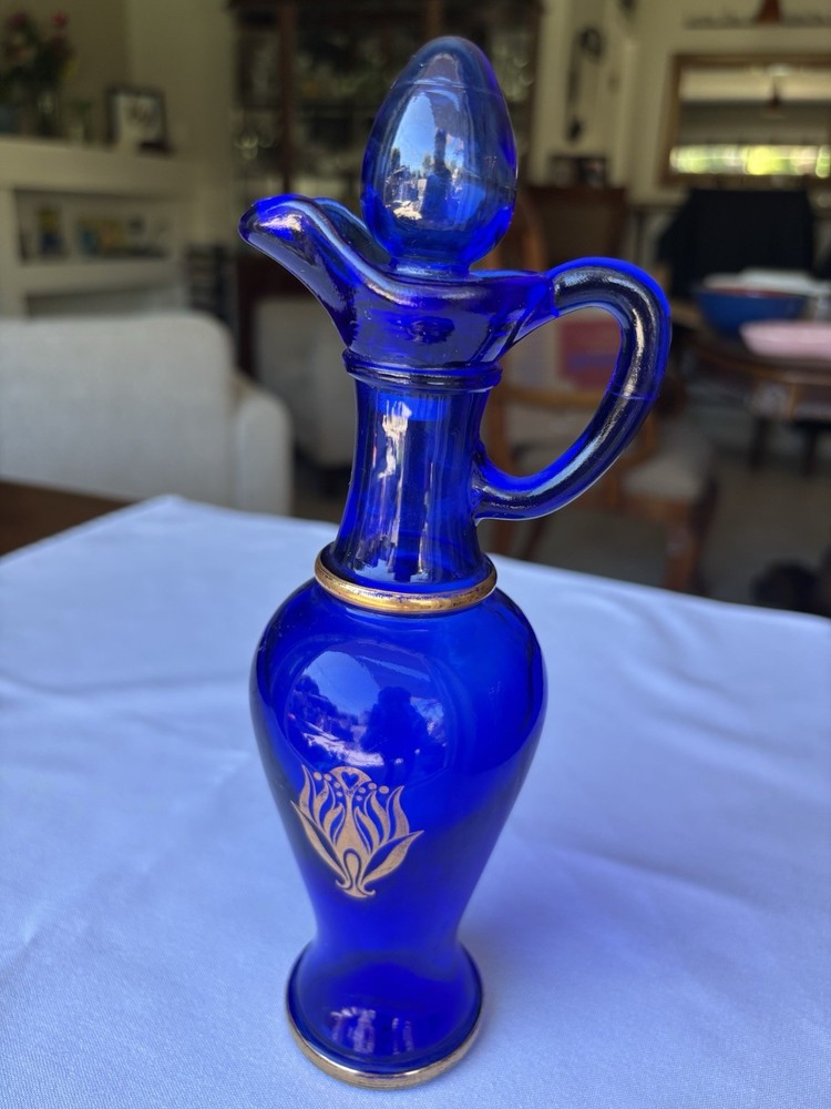Vintage Avon Cobalt Blue & Gold Glass Pitcher Genie Bottle Cruet with Stopper