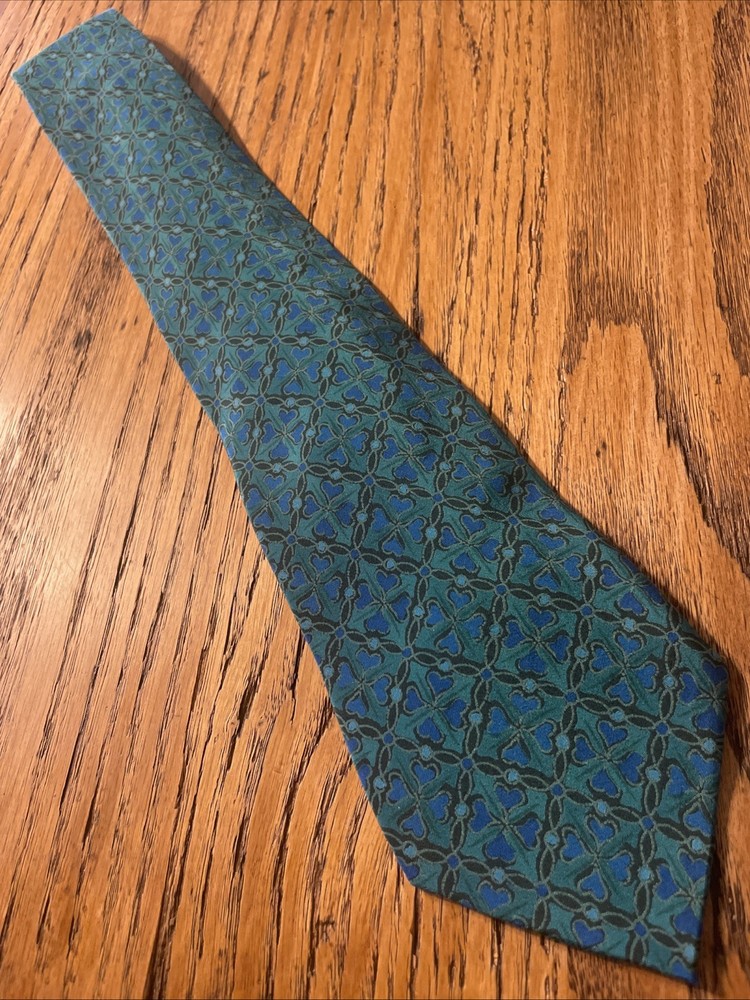 Vintage 80s EUC Missoni Blue Teal Geometric Floral Silk Tie Made In Spain