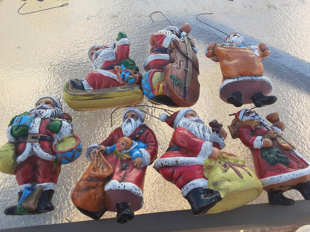Vintage Molded Plastic Santa Christmas Ornaments Old World Style Lot of 7