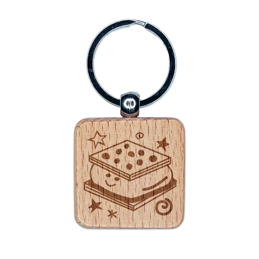 Happy Smores Camping Engraved Wooden Keychain Tag Charm for Outdoor Lovers  