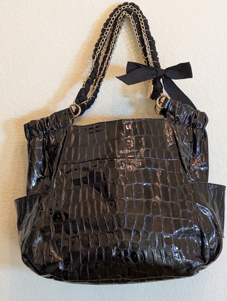 Gianni Bini Black Patent Croc Embossed Tote Shoulder Bag Gold Chain Handle