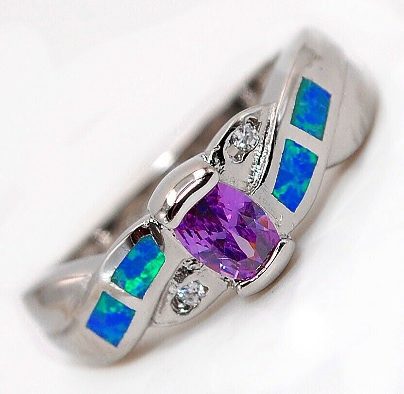 1CT Amethyst and Australian Opal Inlay 925 Sterling Silver Size 8 Band BA2