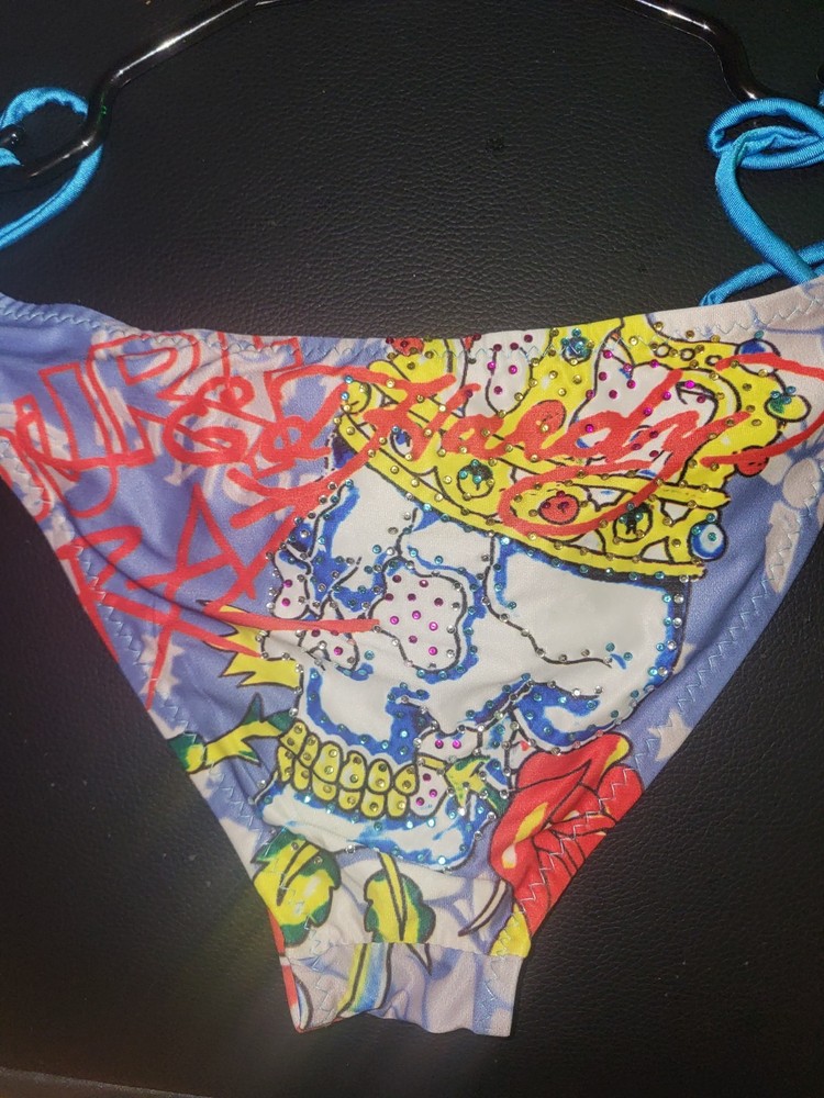 Ed Hardy Bikini Bottom Multicolor Skull Tattoo Print Adjustable Stretch Size M