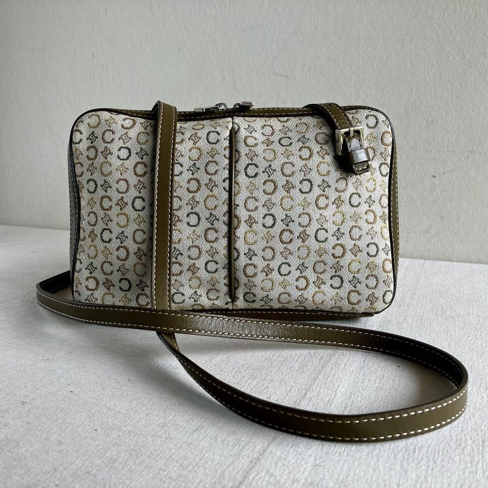 Vintage CELINE Canvas & Leather Shoulder Bag Khaki Ivory Made in Italy