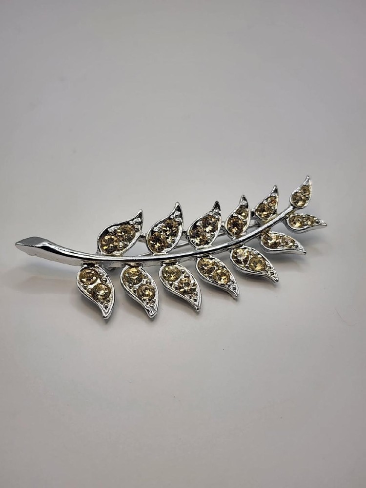 Vintage Sarah Coventry Silver Toned  Rhinestone Crystal Fern Leaf Brooch Pin
