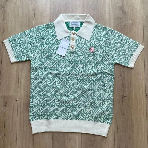 Large Aut Casablanca Men`s Column Jacquard Monogram Polo Shirt