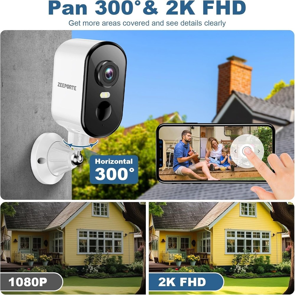 Security Cameras Wireless Outdoor, 2K Pan Rotating 300° Battery Powered WiFi...