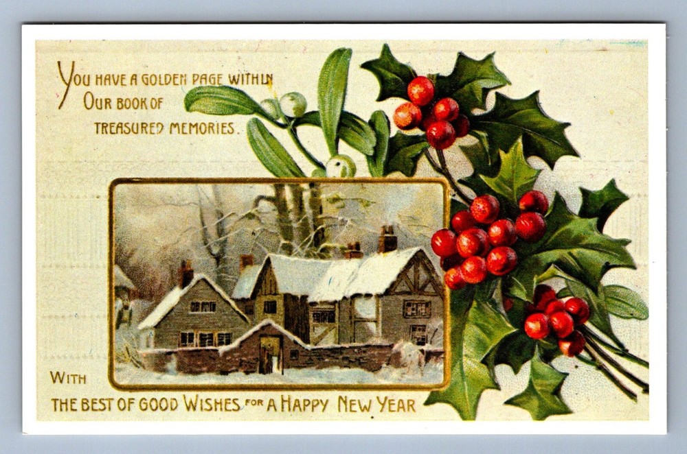 Postcard Vtg Reproduction New Year's Holiday Celebration Winter Home Holly