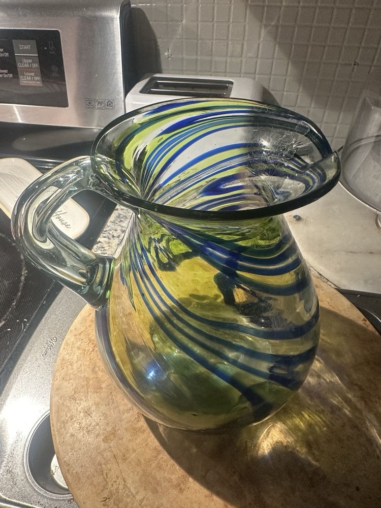 Souffle a la Bouche Mouth Blown Green Blue Swirl Glass Pitcher