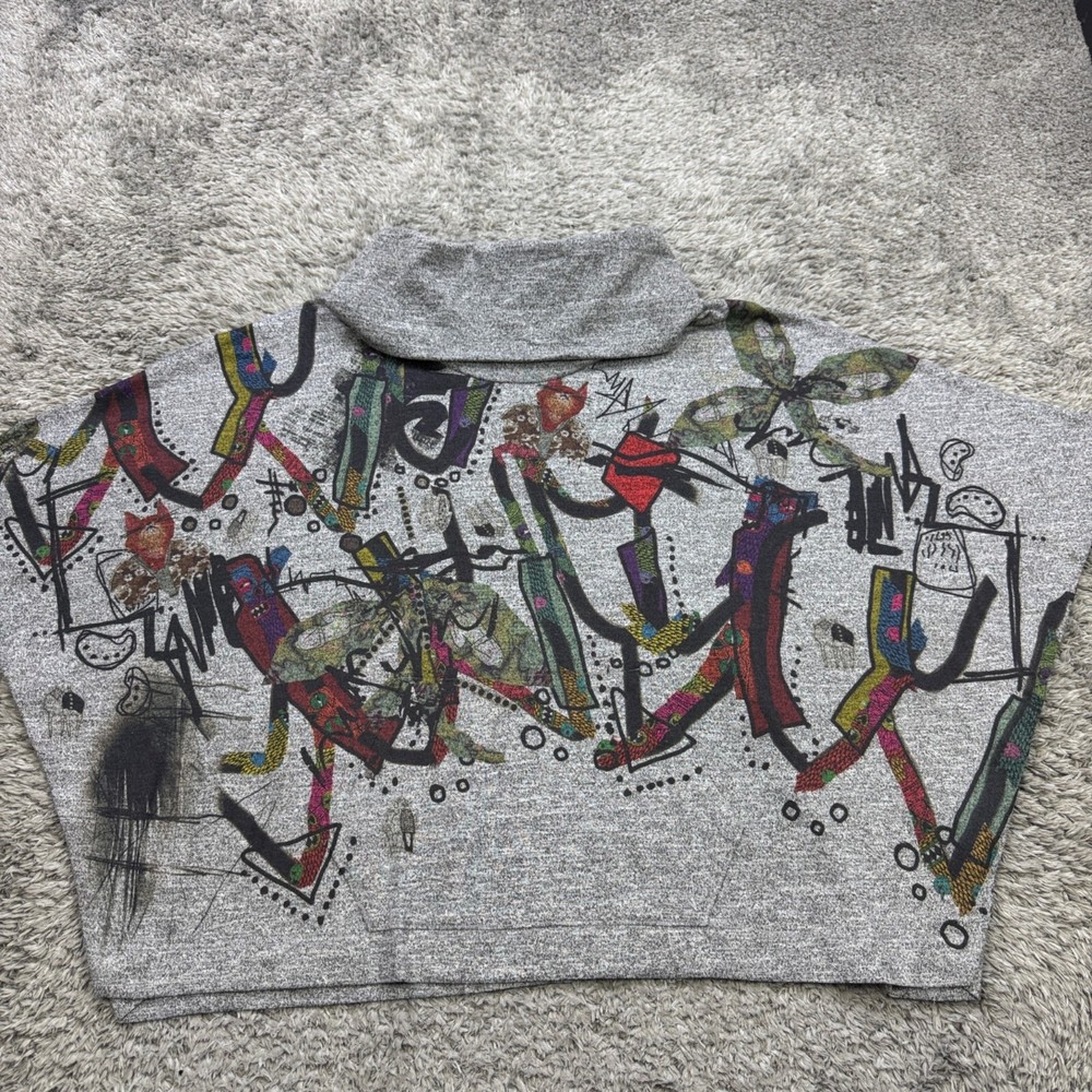 Inoah Sweater Women Small Cowl Neck Fine Art Cat Graphic Poncho Cardigan Artsy