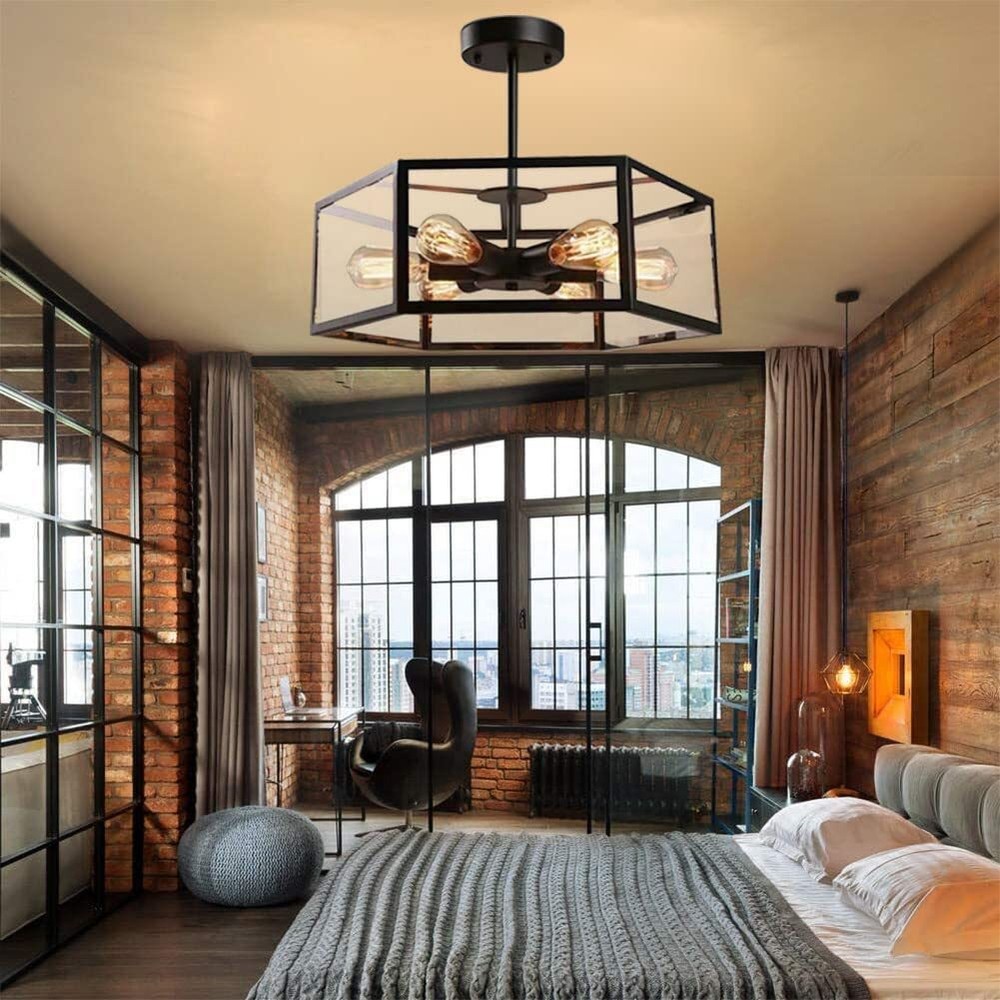 Hexagonal 6-Light Semi Flush Mount Chandelier Ceiling Fixture
