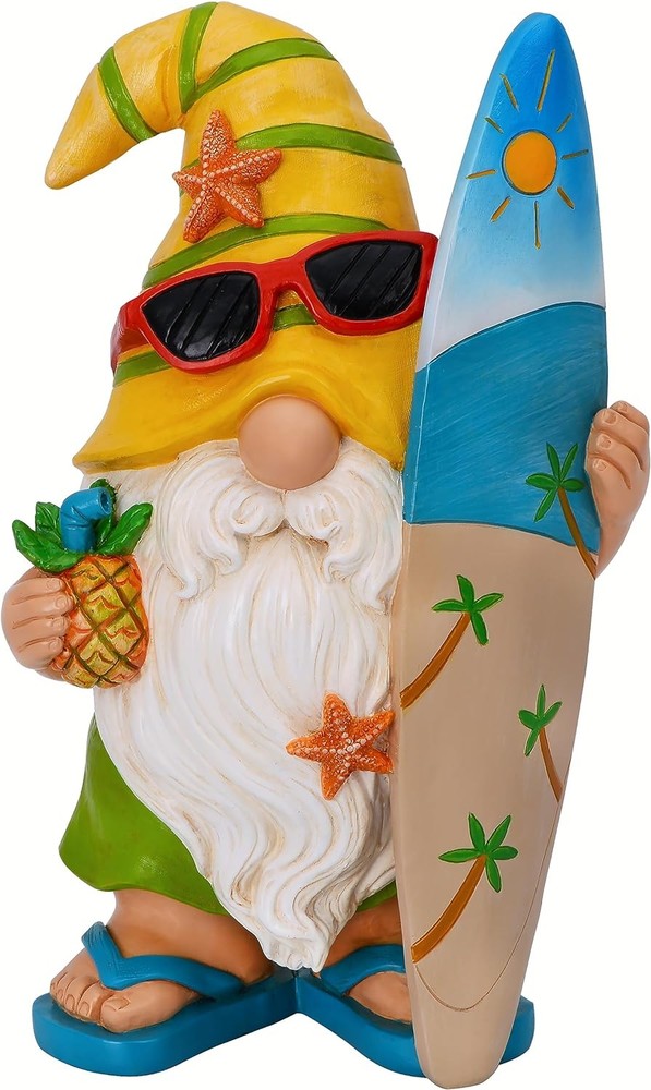 Surfer Gnome Figurine - 9.1 Inch Funny Garden Statue for Lawn Decor
