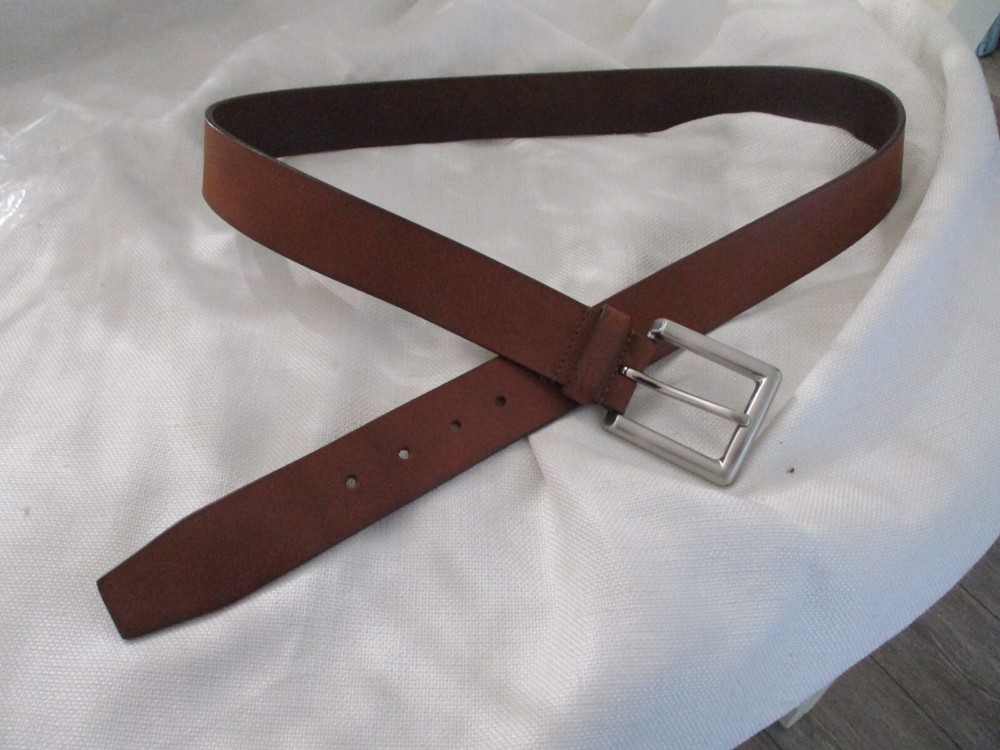 Prospect Park Genuine Brown Leather Men's Belt 42 Satin Nickel 1.5