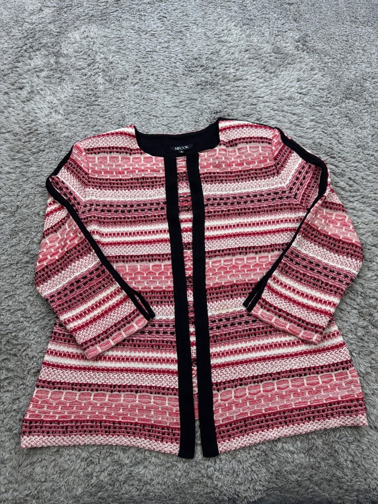 Misook Sweater Women Large Pink Fair Isle Striped Tweed Open Front Cardigan Top