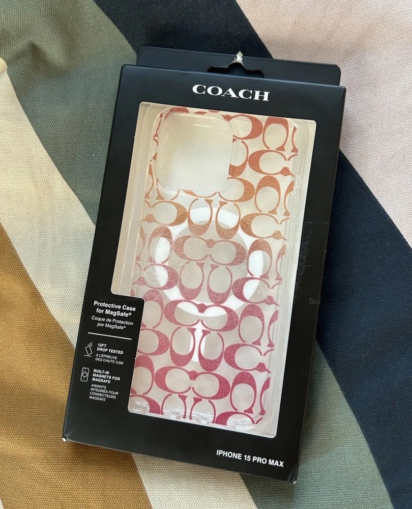 Coach Phone Case For iPhone 15 Pro Max Transparent With Glitter Logo Pink & Gold
