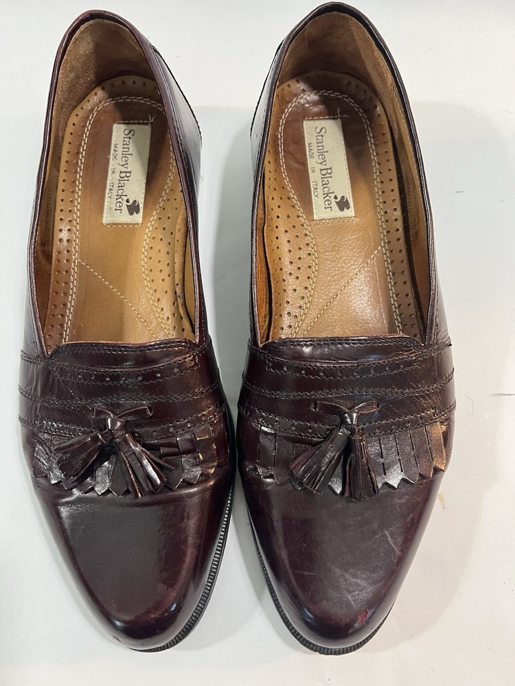 Stanley Blacker Burgundy Leather Tassel Loafers Men's Size 10M Handcrafted in Italy