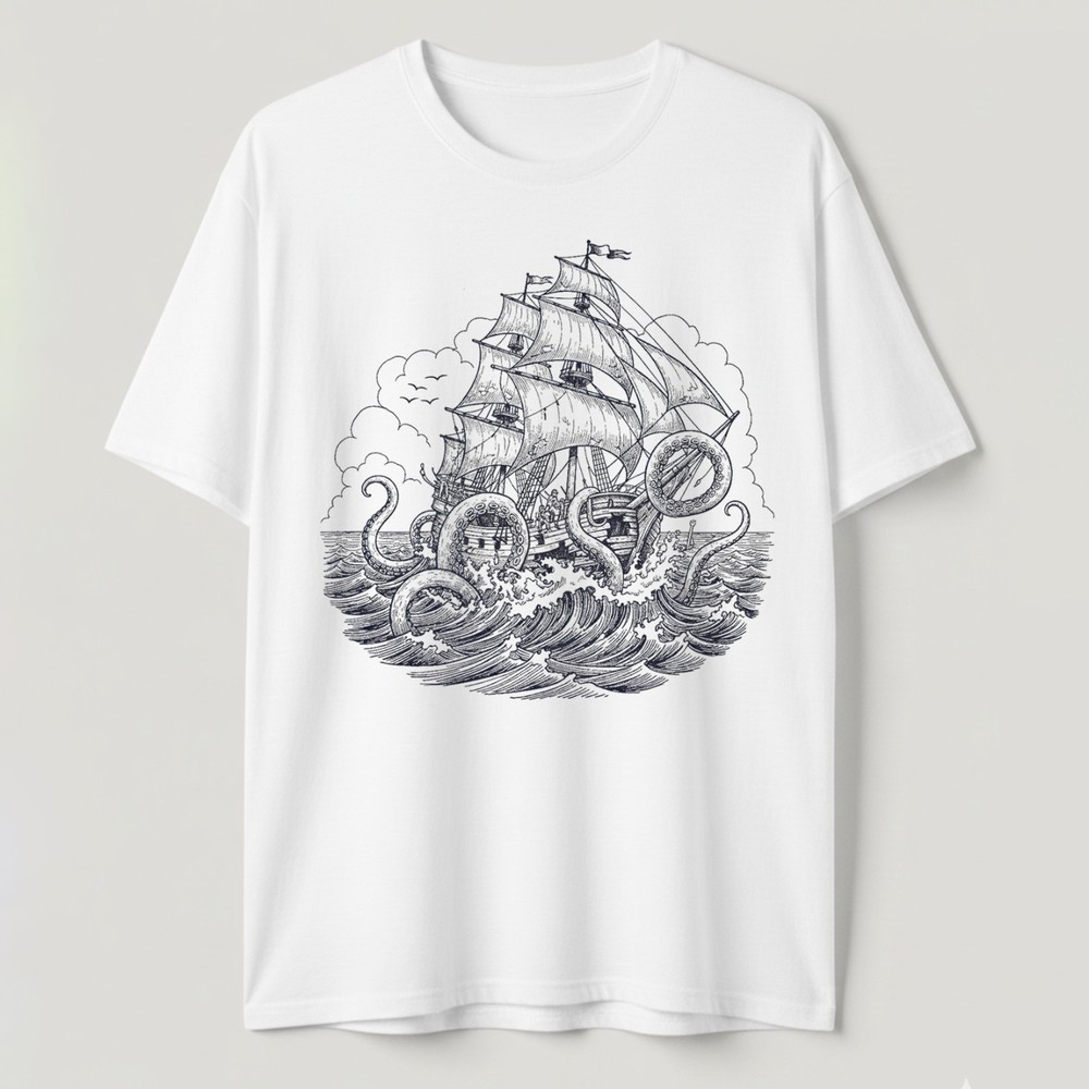 Vintage Drawing Kraken Attacking Ship T-Shirt Sea Monster Octopus Nautical Tee