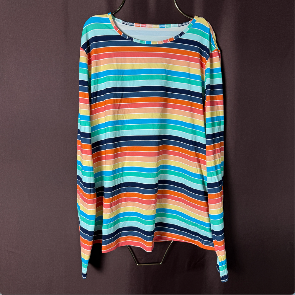 Lands' End Women's Striped Crew Neck Long Sleeve Rash Guard T-Shirt Swim Cover-u