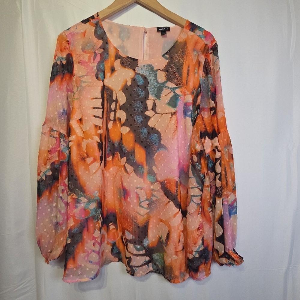 Torrid Size 1 Sheer Chiffon Blouse Swiss Dot Abstract Print Long Sleeve Boho Top