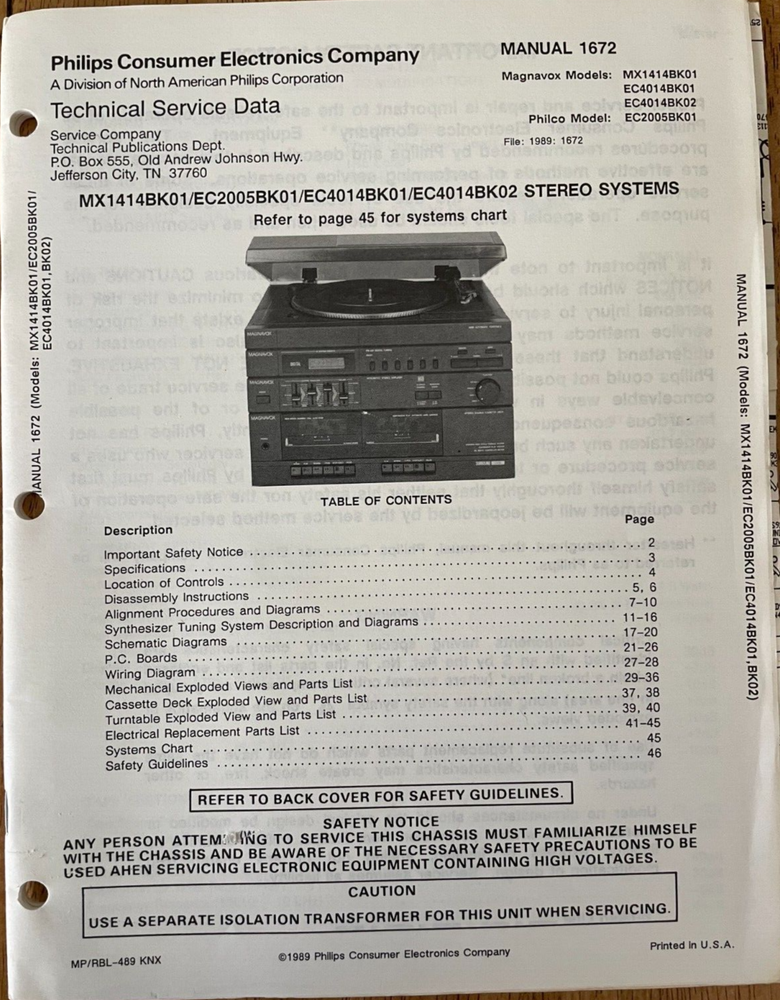 PHILIPS 1672 MX1414BK01 EC2005BK01 EC4014NK01 02 STEREO ORIGINAL REPAIR MANUAL