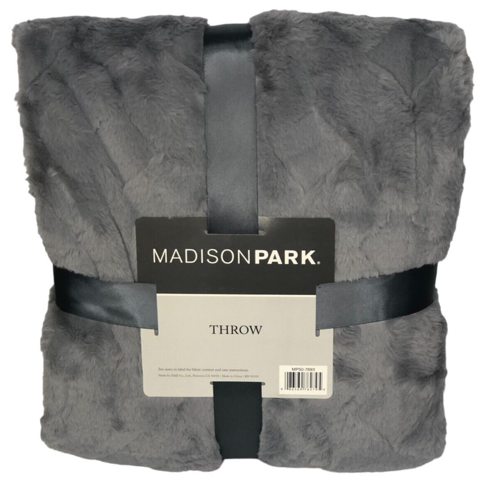 Madison Park Jane Claire Luxury Faux Fur Basketweave Throw Blanket 50x60 in Gray