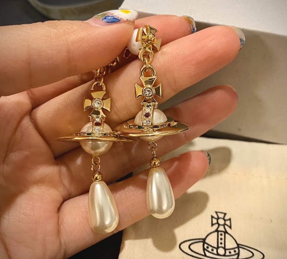 Vivienne Westwood Orb Pearl Drop Earrings Gold Tone With box Birthday Gift235