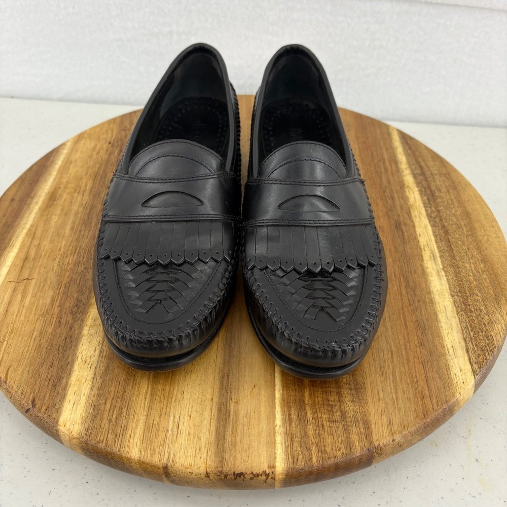 G.H. Bass Black Leather Penny Loafers with Fringe Detail Slip On Dress Shoes
