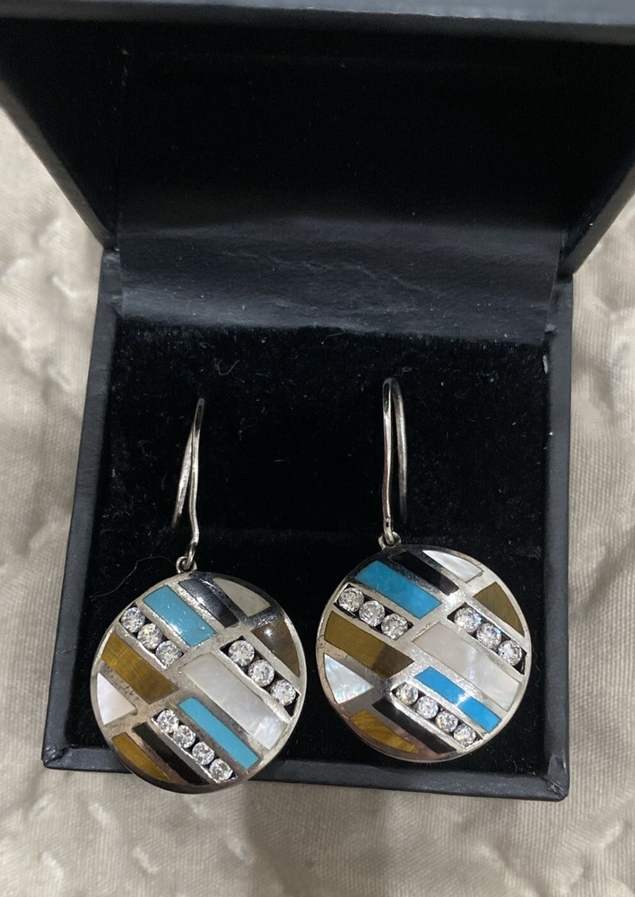 Earrings Sterling 925 Turquoise Opal Black Onyx Tiger Eye&Crystal Genuine stones