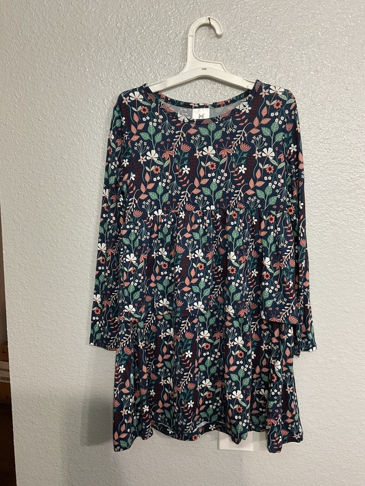 Members Mark Girls Navy Floral Knit Dress Size 6/6X Long Sleeve Ruffle Detail-image