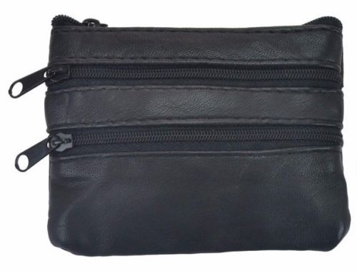 Black Genuine Leather Men's Coin Purse Card Key Ring Zip Change Holder