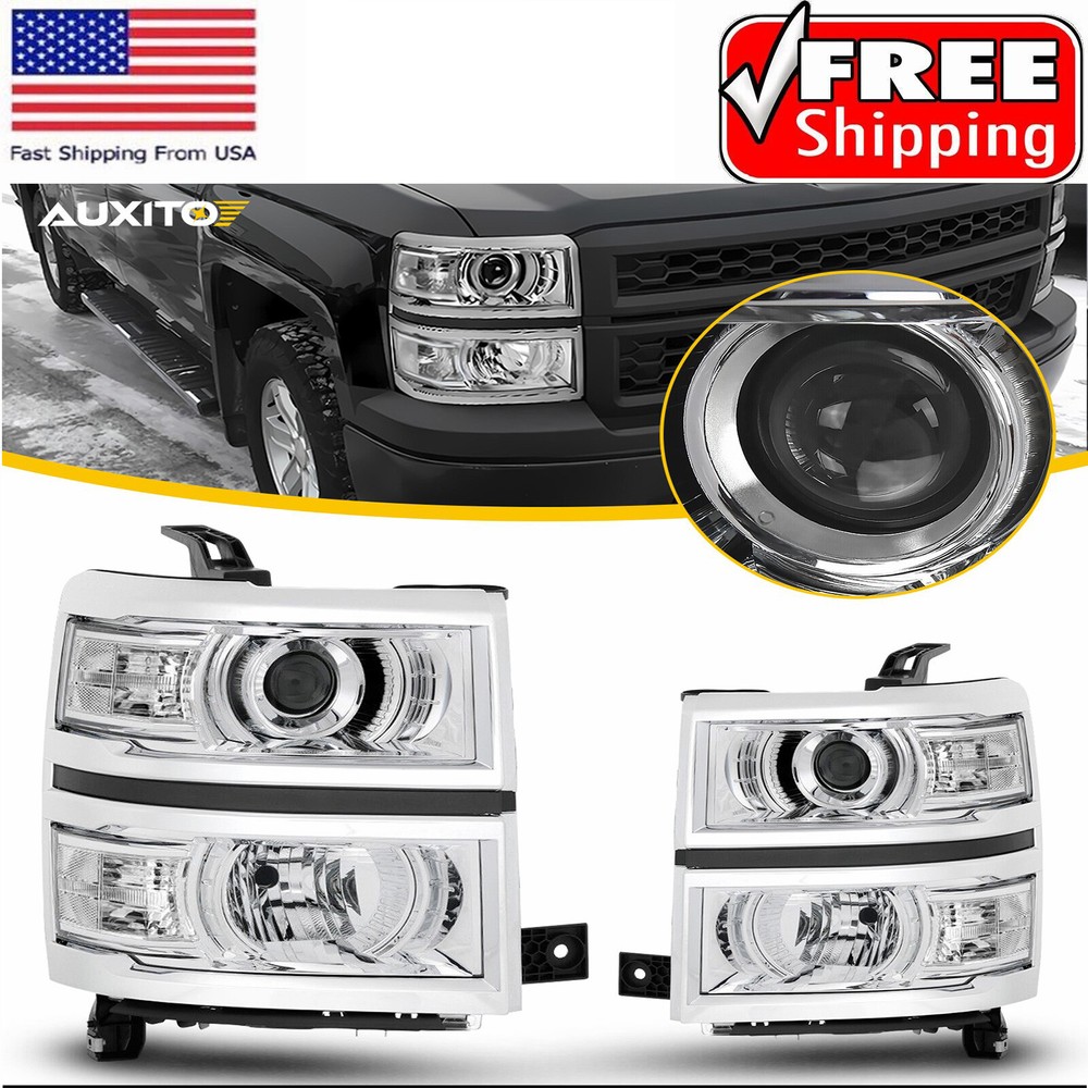 AUXITO for 14-15 Chevy Silverado 1500 Chrome LH+RH headlights White Projector