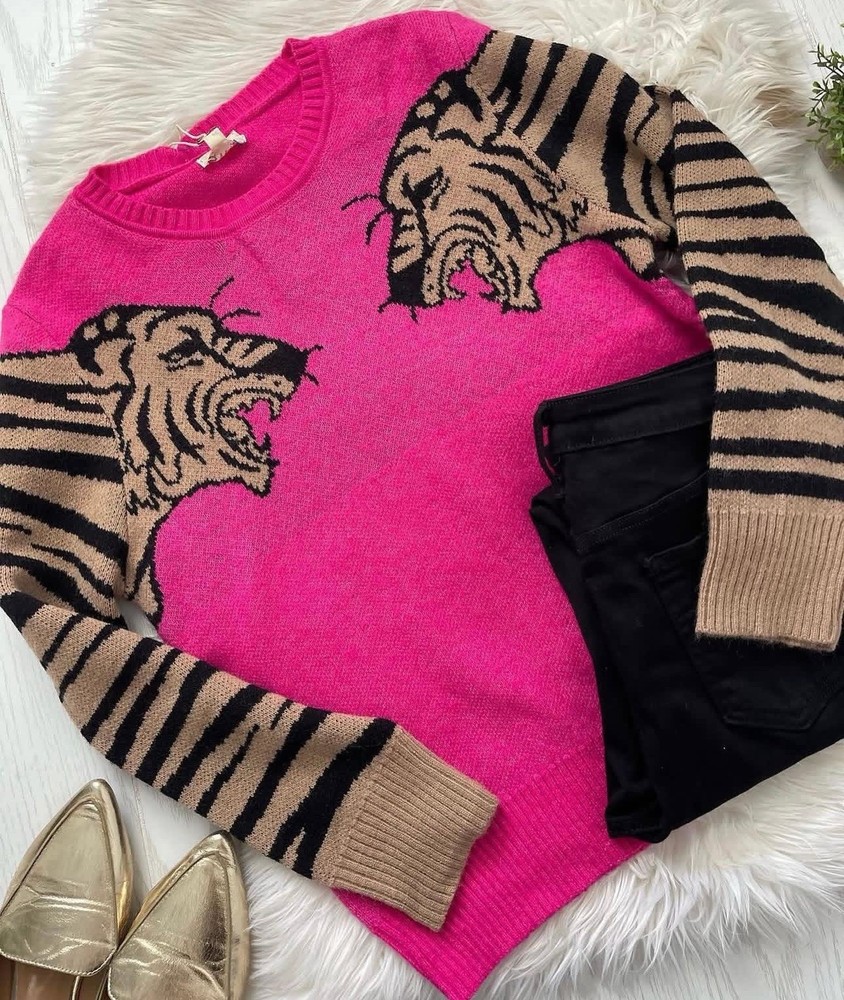 BiBi TIGER SLEEVE SWEATER, FUCHSIA PATTERN ROUND NECK SWEATER SIZE LARGE