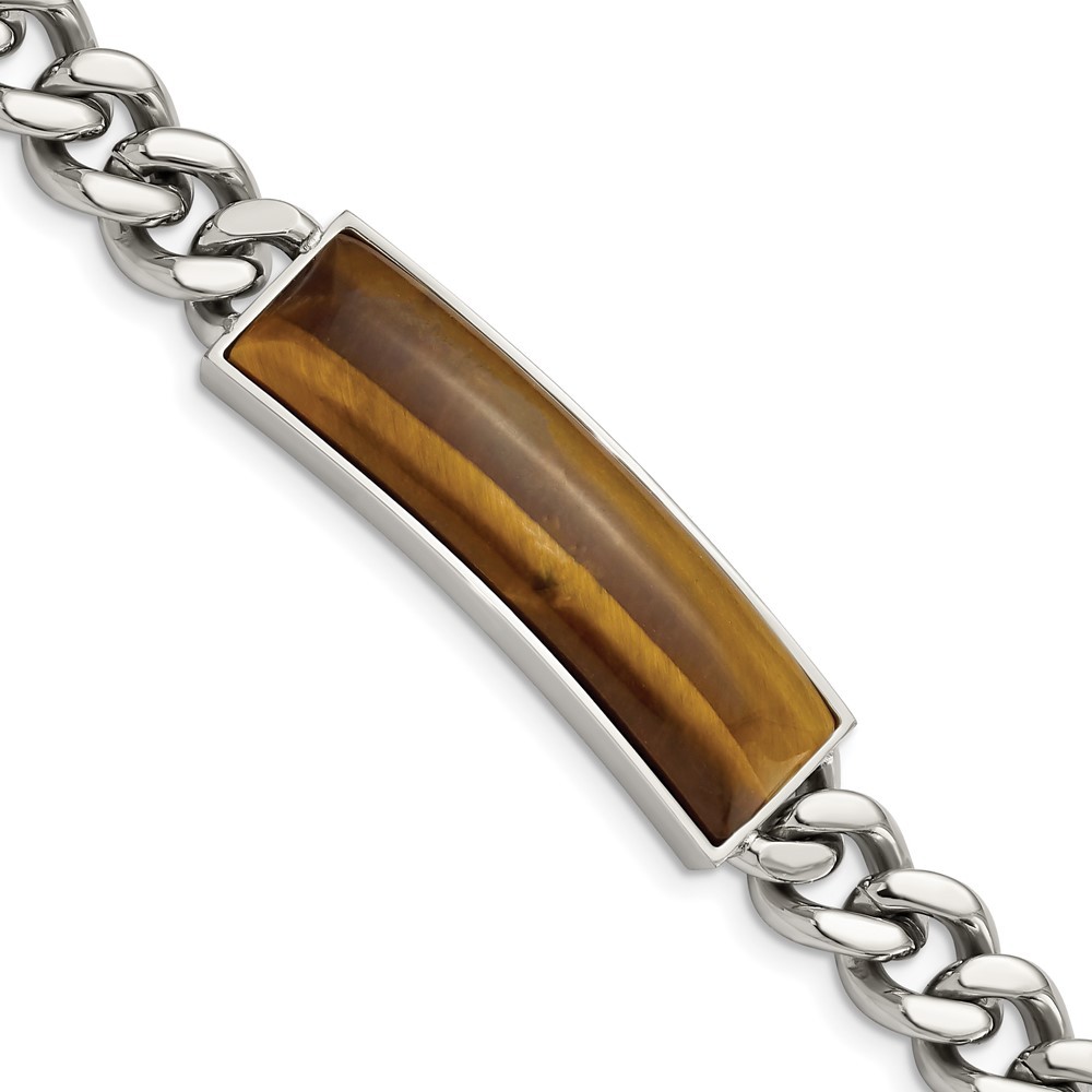 Stainless Steel Polished with Tiger's Eye Inlay ID Bracelet 8.25