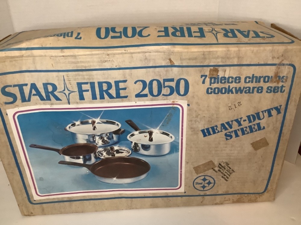 Vintage- Star Fire 2050 Heavy Duty Steel 7 Piece Chrome Cookware Set- New