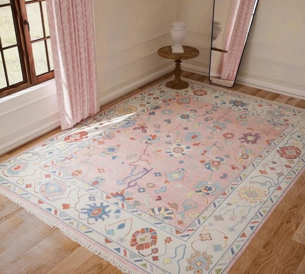 Hand Knotted Pink Oushak Wool Rug 8x10 Floral Oriental Area Carpet Made to Order