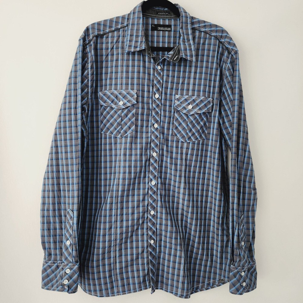 Buckle Black Athletic Fit blue brown plaid western style shirt mens size XL