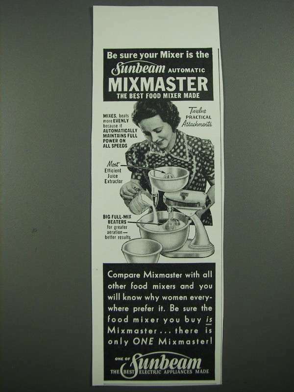 1938 Vintage Sunbeam Mixmaster Ad - Choose the Sunbeam Automatic Mixer