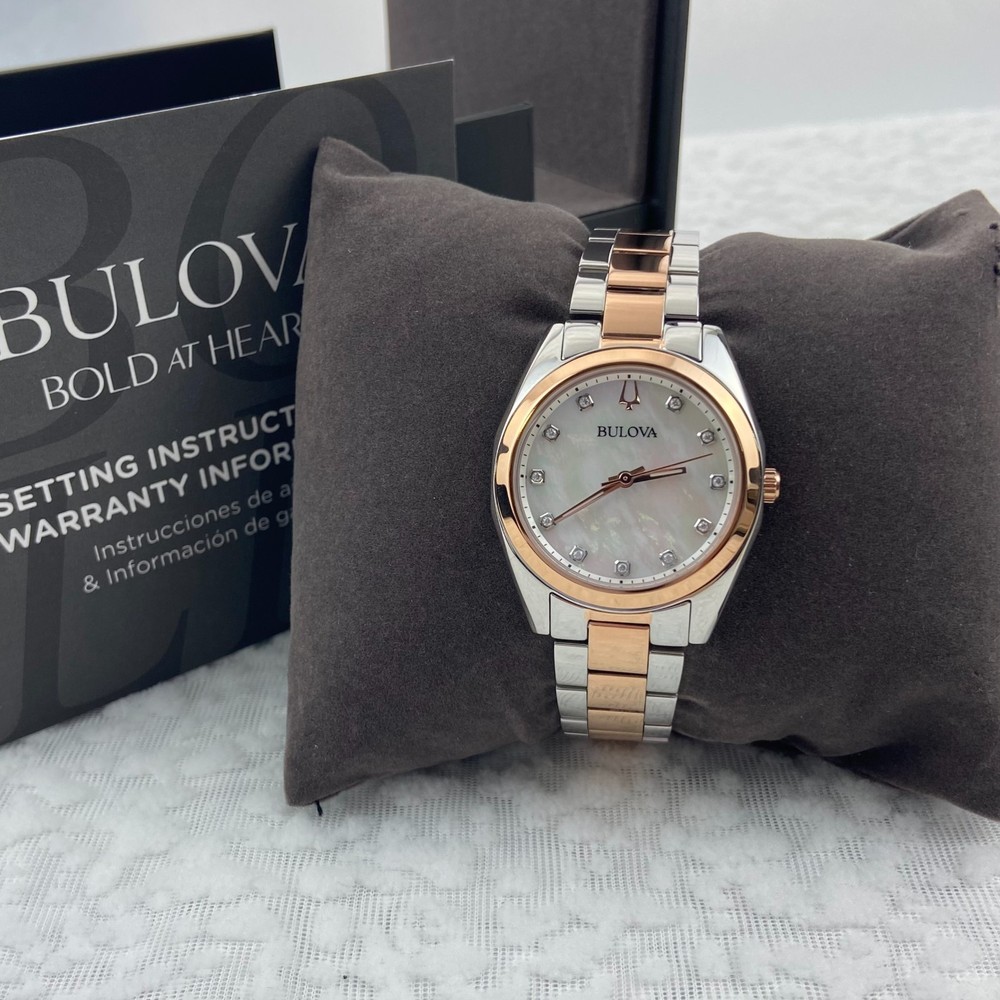 Bulova Surveyor Women's Watch 98P207 Mother of Pearl White Dial Rose Gold Strap