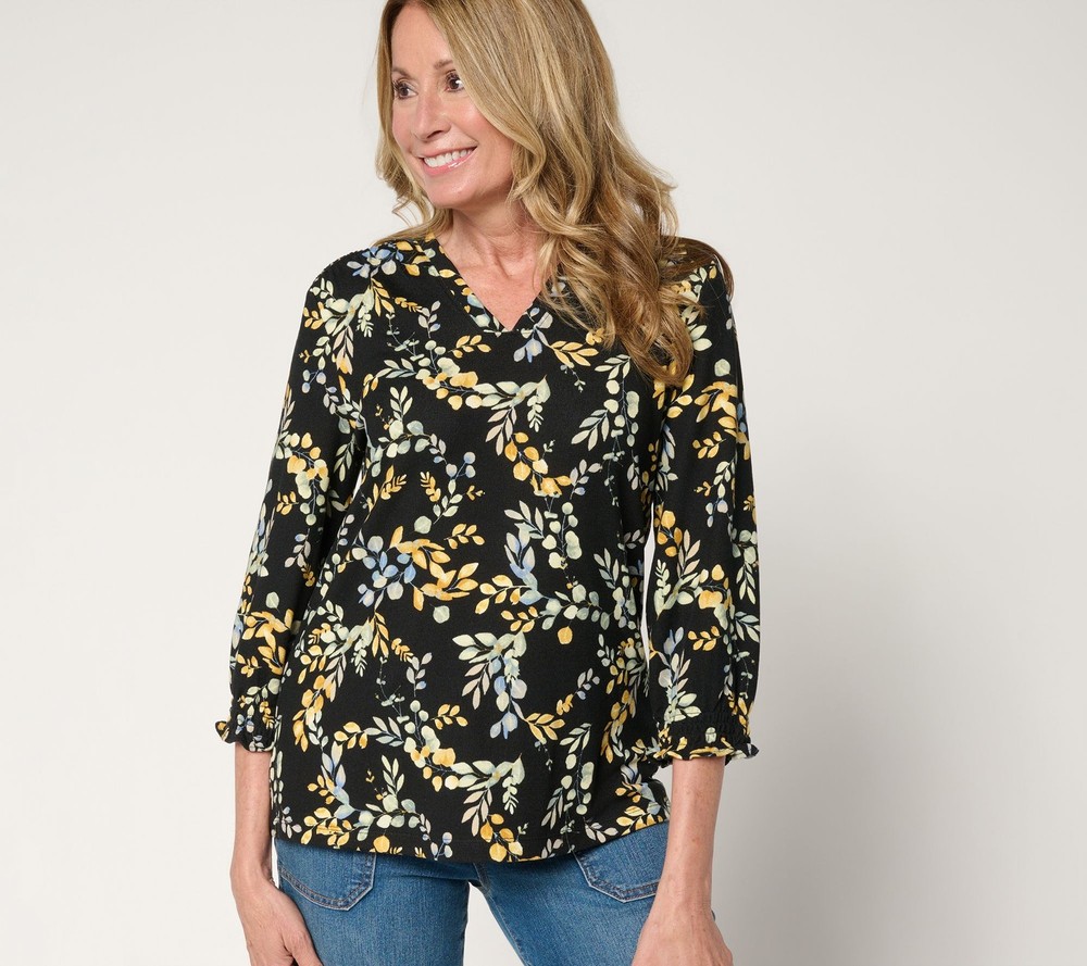 Denim & Co. Printed Heavenly Jersey V-Neck Top Black 1X New