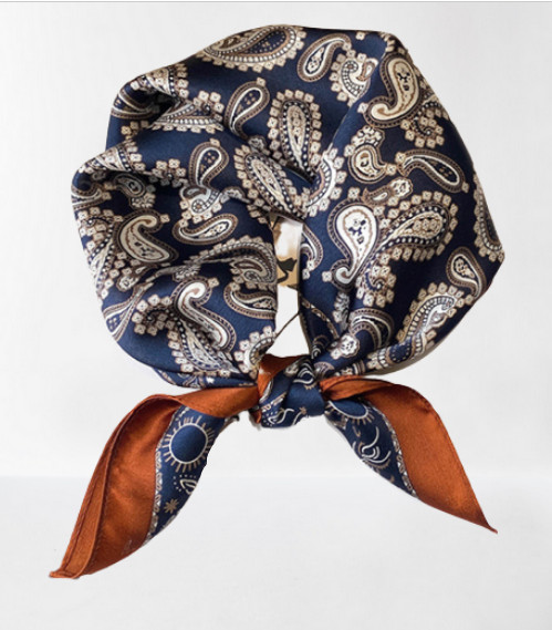 100% Silk Paisley Scarf 20 Square Navy Blue Brown Womens Neck Wrap WS92