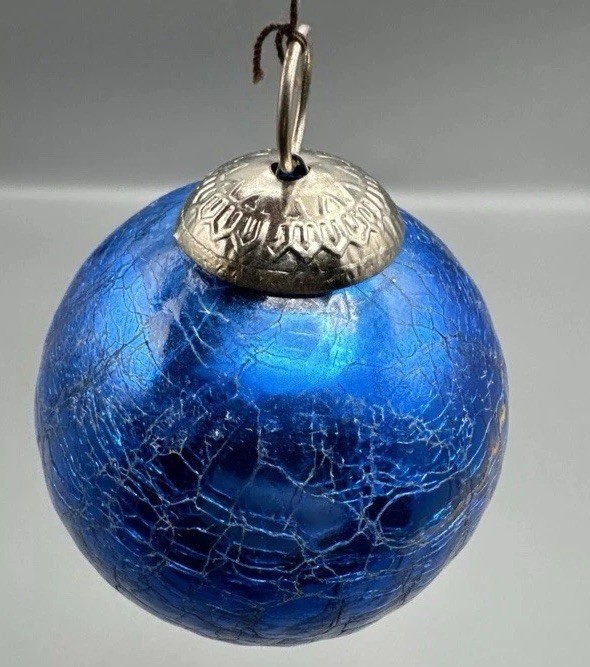 Vintage Blue Kugel Style Heavy Crackle Mercury Glass Christmas Ornament Ball 3”