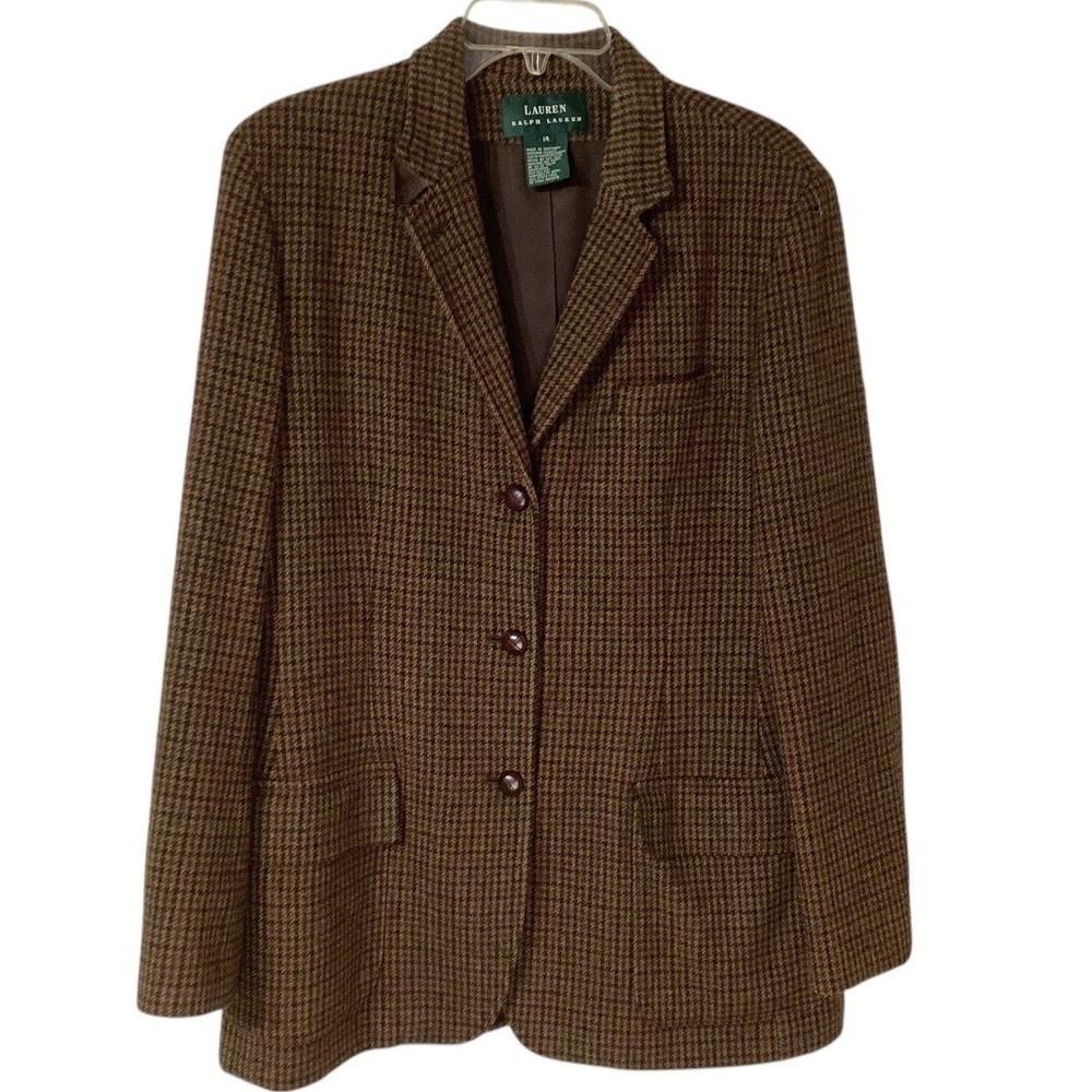 VintLauren Ralph Lauren Houndstooth Wool Blazer Jacket Size 14 Brown & Tan Women