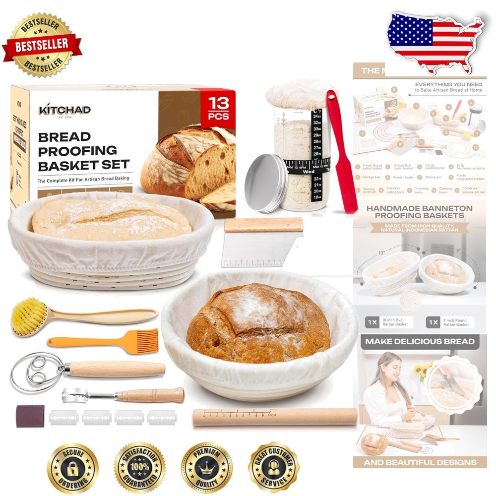 13-Piece Artisan Sourdough Starter Kit with Glass Jar & Rattan Proofing Baskets