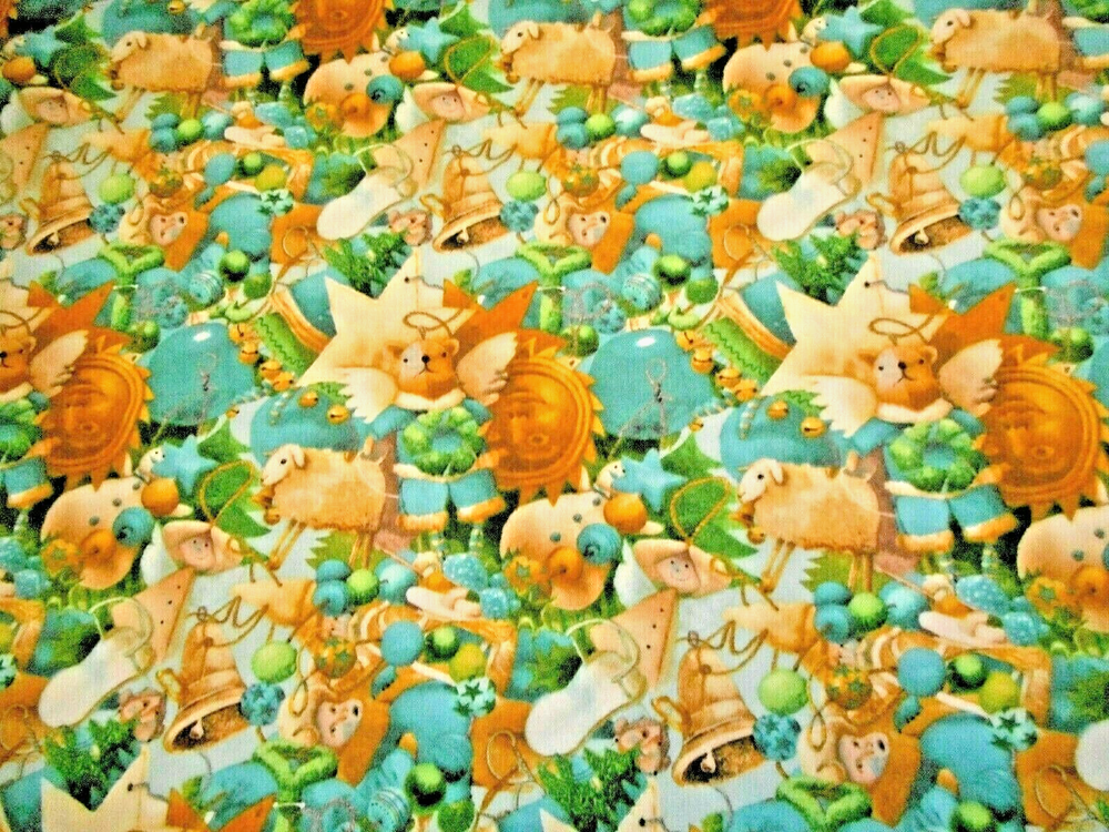 Christmas Fabric By Yard Blue Gold Green Ornaments on Blue Premium Cotton #31 #C