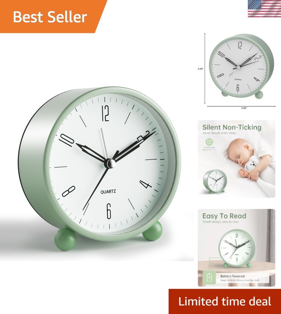 4-Inch Silent Battery Alarm Clock in Classic Green - Compact Travel Design