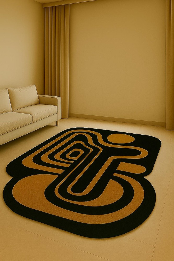 Modern Geometric Area Rug– Retro Black & Mustard Yellow Abstract Design Carpet